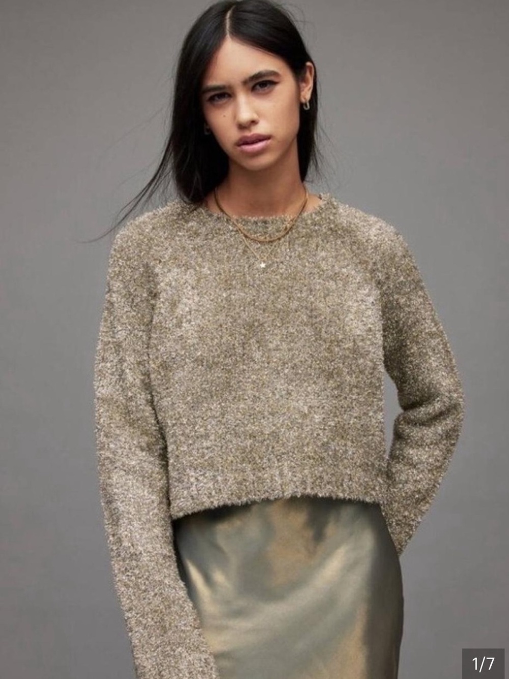 All Saints Metallic Olive-Gold Cropped Crewneck Sweater